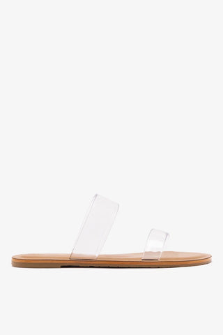 Flat Gabe Vinil Transparente e Couro Caramelo Flat Sandal Larroudé
