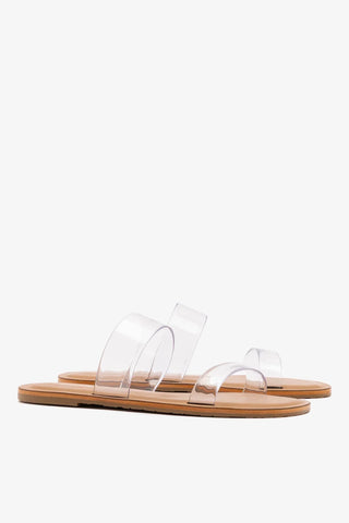 Flat Gabe Vinil Transparente e Couro Caramelo Flat Sandal Larroudé