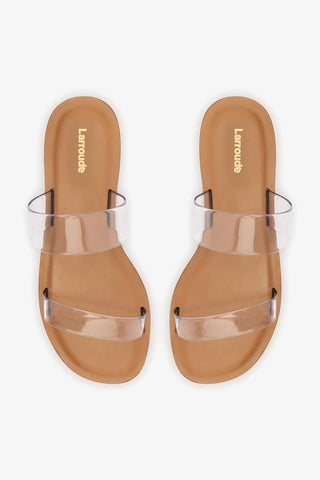 Flat Gabe Vinil Transparente e Couro Caramelo Flat Sandal Larroudé
