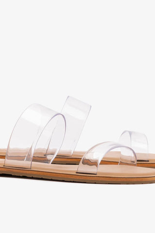 Flat Gabe Vinil Transparente e Couro Caramelo Flat Sandal Larroudé