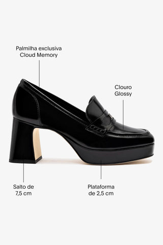 Mocassim Plataforma Suki Couro Preto Pump Larroudé