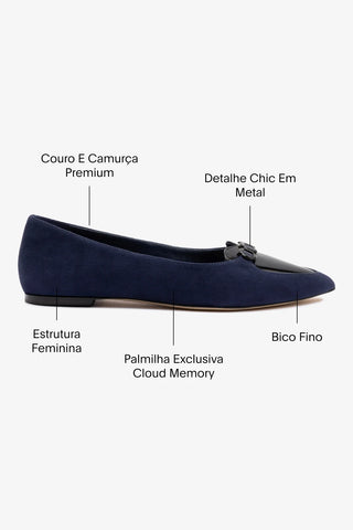 Sapatilha Audrey Camurça Azul e Couro Preto Ballerina Larroudé