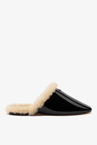 Mule Venice Couro Verniz Preto e Lã Natural Mule Larroudé