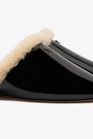 Mule Venice Couro Verniz Preto e Lã Natural Mule Larroudé