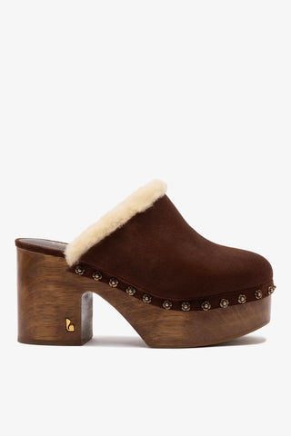 Sandália Plataforma Miso Camurça Marrom e Lã Natural Mule Larroudé