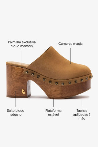 Mule Clog Plataforma Miso Camurça Caramelo Mule Larroudé