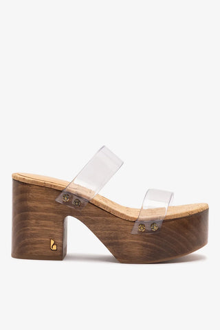 Mule Plataforma Miso Clear Vinil Transparente e Cortiça Natural Sandal Larroudé