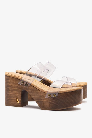 Mule Plataforma Miso Clear Vinil Transparente e Cortiça Natural Sandal Larroudé