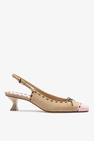 Slingback Jenny Ráfia Bege e Couro Rosa e Verde Pump Larroudé
