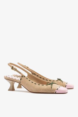 Slingback Jenny Ráfia Bege e Couro Rosa e Verde Pump Larroudé