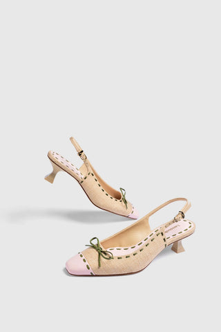 Slingback Jenny Ráfia Bege e Couro Rosa e Verde Pump Larroudé