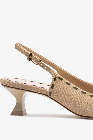 Slingback Jenny Ráfia Bege e Couro Rosa e Verde Pump Larroudé