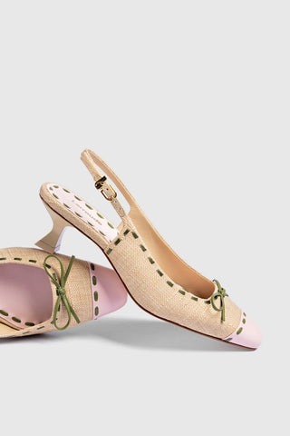 Slingback Jenny Ráfia Bege e Couro Rosa e Verde Pump Larroudé