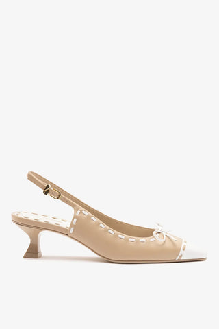 Slingback Jenny Couro Bege e Couro Verniz Branco Pump Larroudé