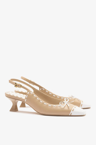 Slingback Jenny Couro Bege e Couro Verniz Branco Pump Larroudé