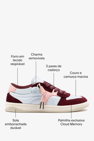 Tênis George Couro Bordô, Azul e Rosa Sneaker Larroudé