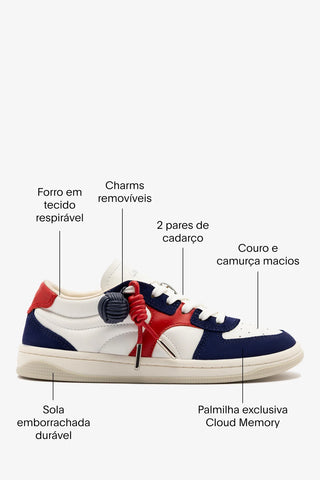 Tênis George Couro Azul, Branco e Vermelho Sneaker Larroudé