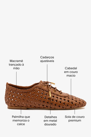 Tênis Liza Macramê Couro Caramelo Oxford Larroudé