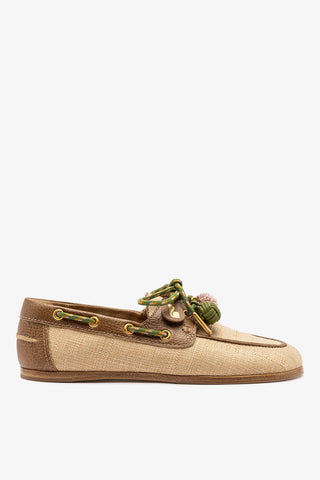 Mocassim Boat Shoe Cyprus Ráfia Bege e Couro Marrom Loafer Larroudé