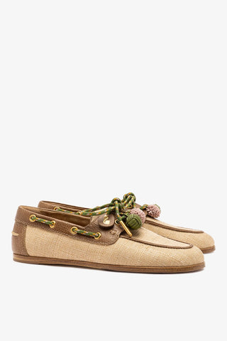 Mocassim Boat Shoe Cyprus Ráfia Bege e Couro Marrom Loafer Larroudé