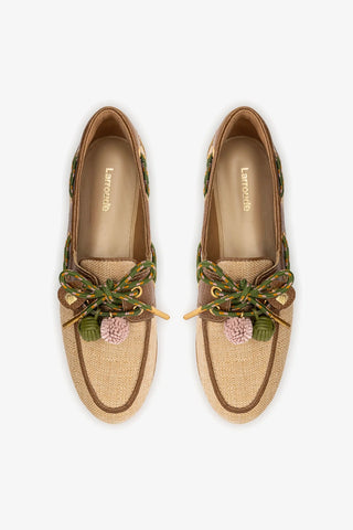 Mocassim Boat Shoe Cyprus Ráfia Bege e Couro Marrom Loafer Larroudé