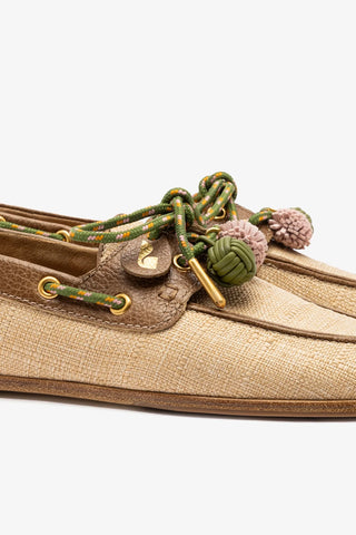 Mocassim Boat Shoe Cyprus Ráfia Bege e Couro Marrom Loafer Larroudé