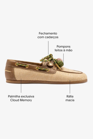 Mocassim Boat Shoe Cyprus Ráfia Bege e Couro Marrom Loafer Larroudé