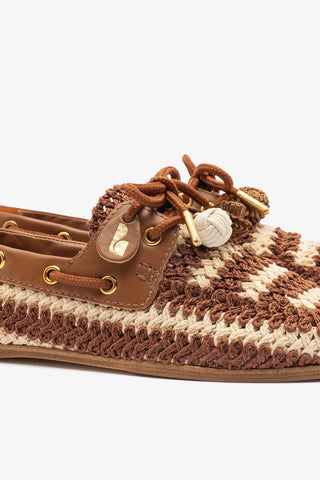 Mocassim Boat Shoe Cyprus Crochê e Couro Caramelo Loafer Larroudé