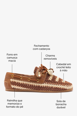 Mocassim Boat Shoe Cyprus Crochê e Couro Caramelo Loafer Larroudé
