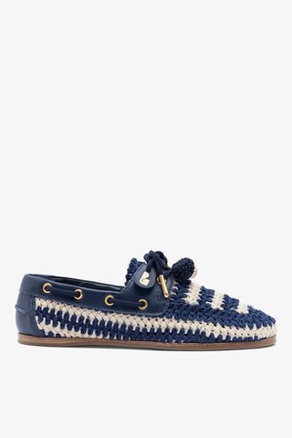 Mocassim Boat Shoe Cyprus Crochê e Couro Azul Loafer Larroudé