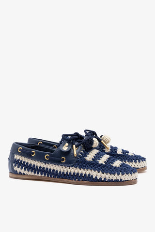 Mocassim Boat Shoe Cyprus Crochê e Couro Azul Loafer Larroudé