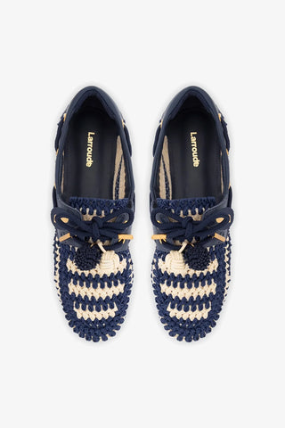 Mocassim Boat Shoe Cyprus Crochê e Couro Azul Loafer Larroudé