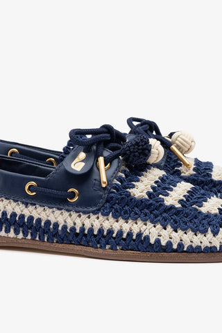 Mocassim Boat Shoe Cyprus Crochê e Couro Azul Loafer Larroudé