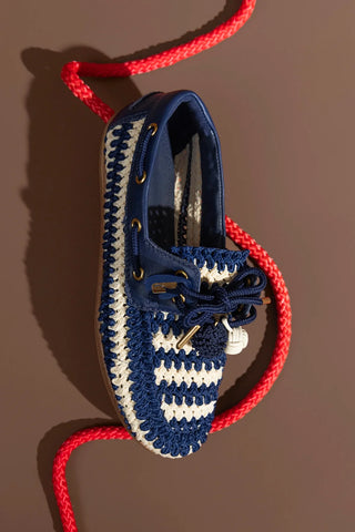 Mocassim Boat Shoe Cyprus Crochê e Couro Azul Loafer Larroudé
