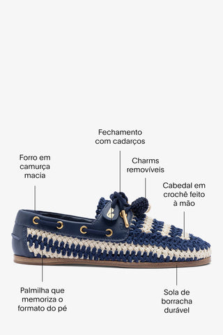 Mocassim Boat Shoe Cyprus Crochê e Couro Azul Loafer Larroudé