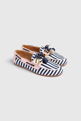 Mocassim Boat Shoe Cyprus Lona Listrada Azul e Couro Rosa Loafer Larroudé