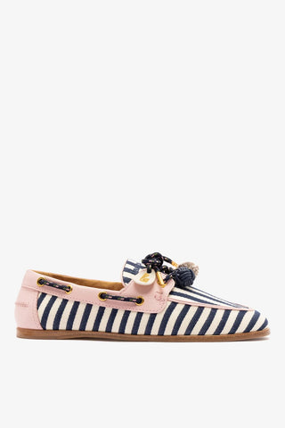 Mocassim Boat Shoe Cyprus Lona Listrada Azul e Couro Rosa Loafer Larroudé