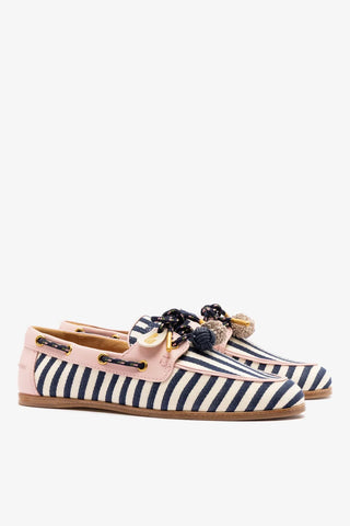 Mocassim Boat Shoe Cyprus Lona Listrada Azul e Couro Rosa Loafer Larroudé