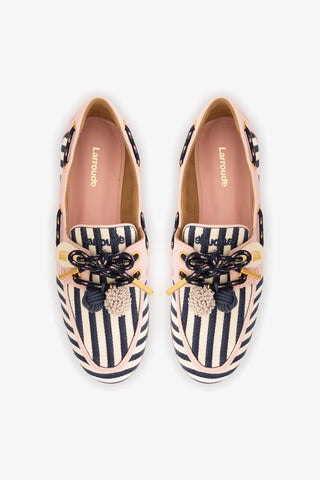 Mocassim Boat Shoe Cyprus Lona Listrada Azul e Couro Rosa Loafer Larroudé