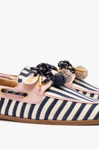 Mocassim Boat Shoe Cyprus Lona Listrada Azul e Couro Rosa Loafer Larroudé
