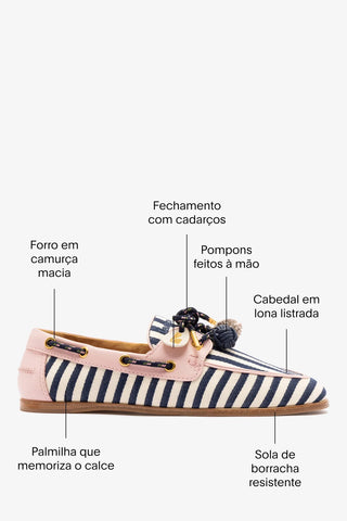 Mocassim Boat Shoe Cyprus Lona Listrada Azul e Couro Rosa Loafer Larroudé
