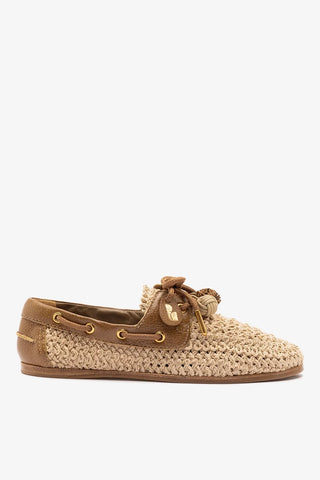 Mocassim Boat Shoe Cyprus Crochê Natural e Couro Marrom Loafer Larroudé