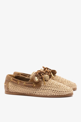 Mocassim Boat Shoe Cyprus Crochê Natural e Couro Marrom Loafer Larroudé