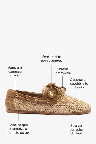Mocassim Boat Shoe Cyprus Crochê Natural e Couro Marrom Loafer Larroudé