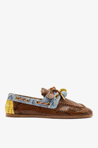 Mocassim Boat Shoe Cyprus Couro Cobra Marrom, Azul e Amarelo Loafer Larroudé
