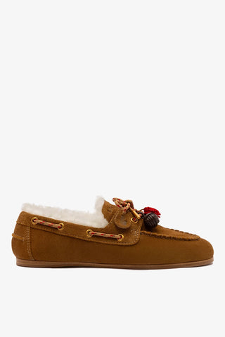 Mocassim Boat Shoe Cyprus Camurça Marrom e Lã Natural Loafer Larroudé