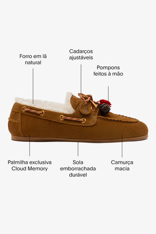 Mocassim Boat Shoe Cyprus Camurça Marrom e Lã Natural Loafer Larroudé