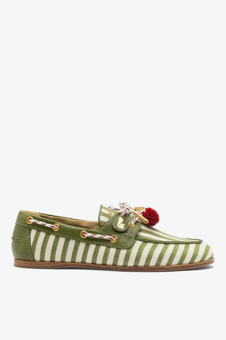 Mocassim Boat Shoe Cyprus Lona Listrada Verde Loafer Larroudé