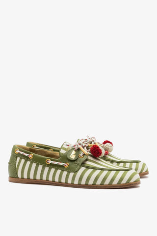 Mocassim Boat Shoe Cyprus Lona Listrada Verde Loafer Larroudé