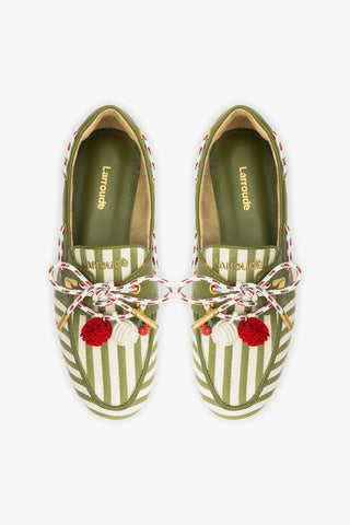 Mocassim Boat Shoe Cyprus Lona Listrada Verde Loafer Larroudé